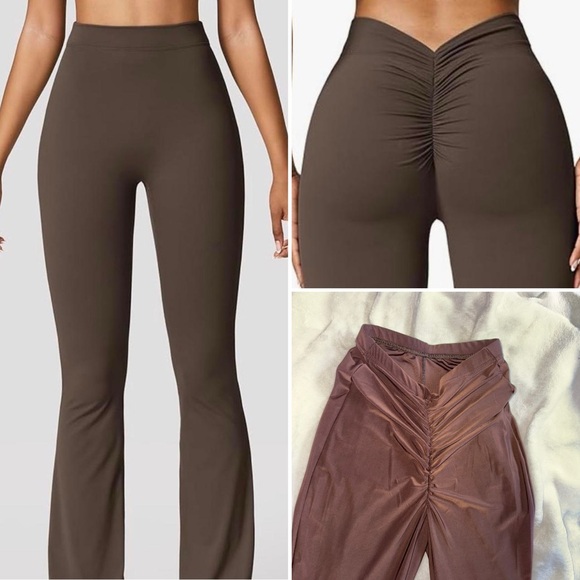 Nasty Gal Chocolate Brown Stretch Flared Pants with Ruched Back Detail - Picture 1 of 4
